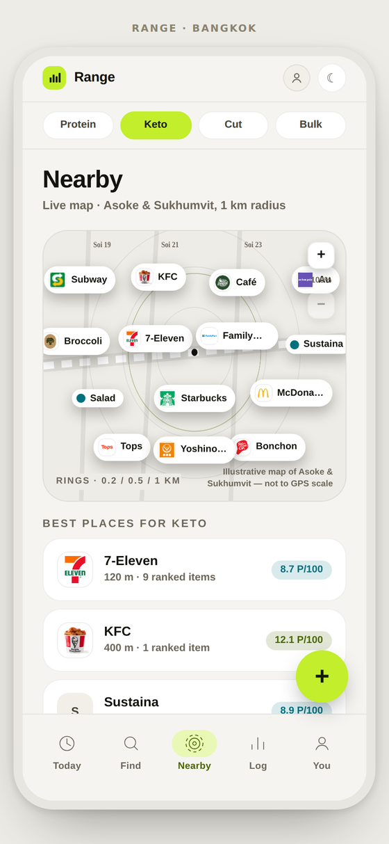 Nearby map with real restaurant and shop logos