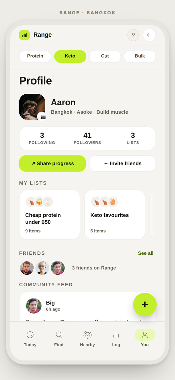 Profile screen with lists, friends and community feed